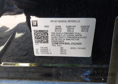 2020 Chevrolet Traverse Awd Ls from USA, damaged, VIN 1GNEVFKWXLJ312425